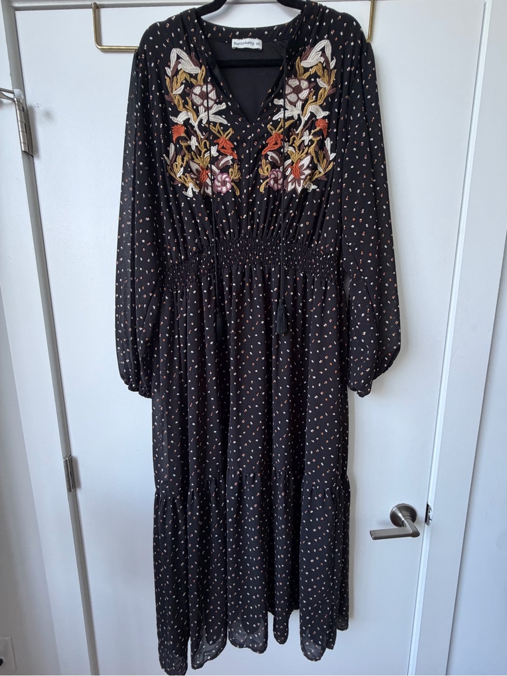 Embroidered Black Maxi Dress with Floral Detail